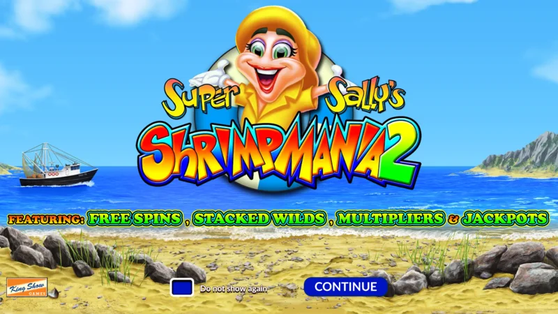 Super Sally's Shrimpmania 2 - główny ekran z bębnami 5×4 i siatką 40 linii wypłat